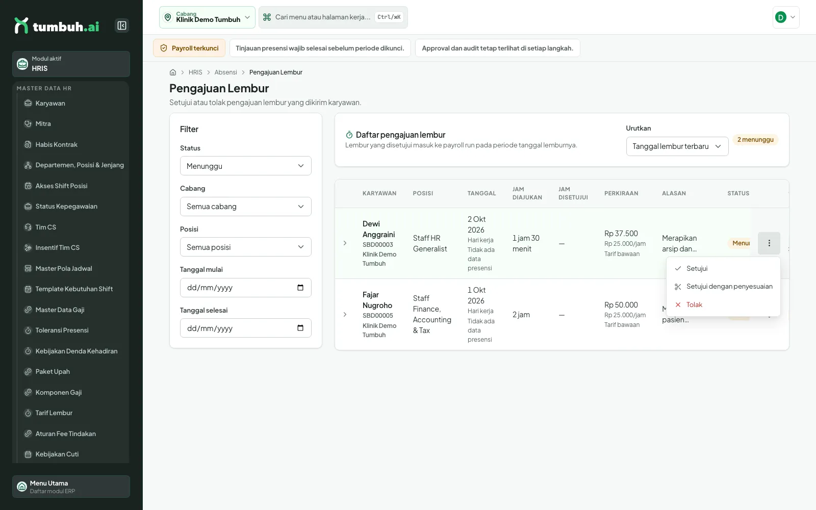 Menu keputusan akhir lembur
