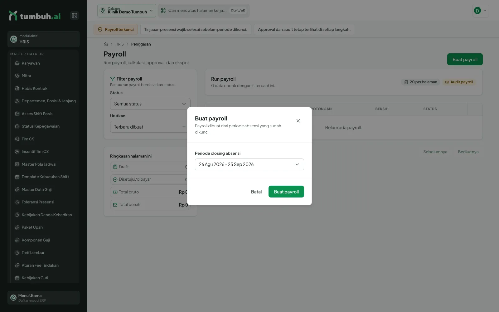 Dialog Buat payroll dengan periode closing