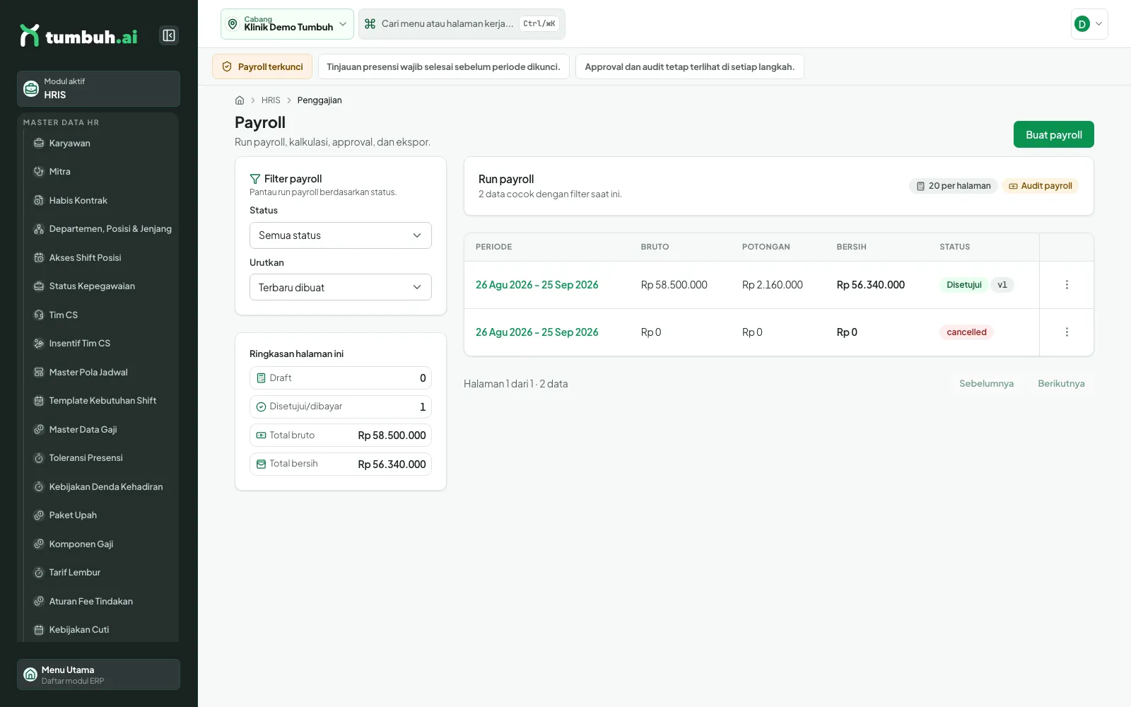 Daftar Payroll Run berstatus Disetujui