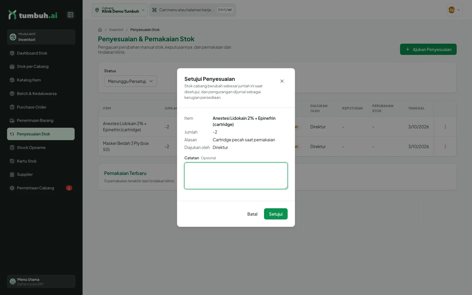 Dialog Setujui Penyesuaian untuk Anestesi Lidokain jumlah -2