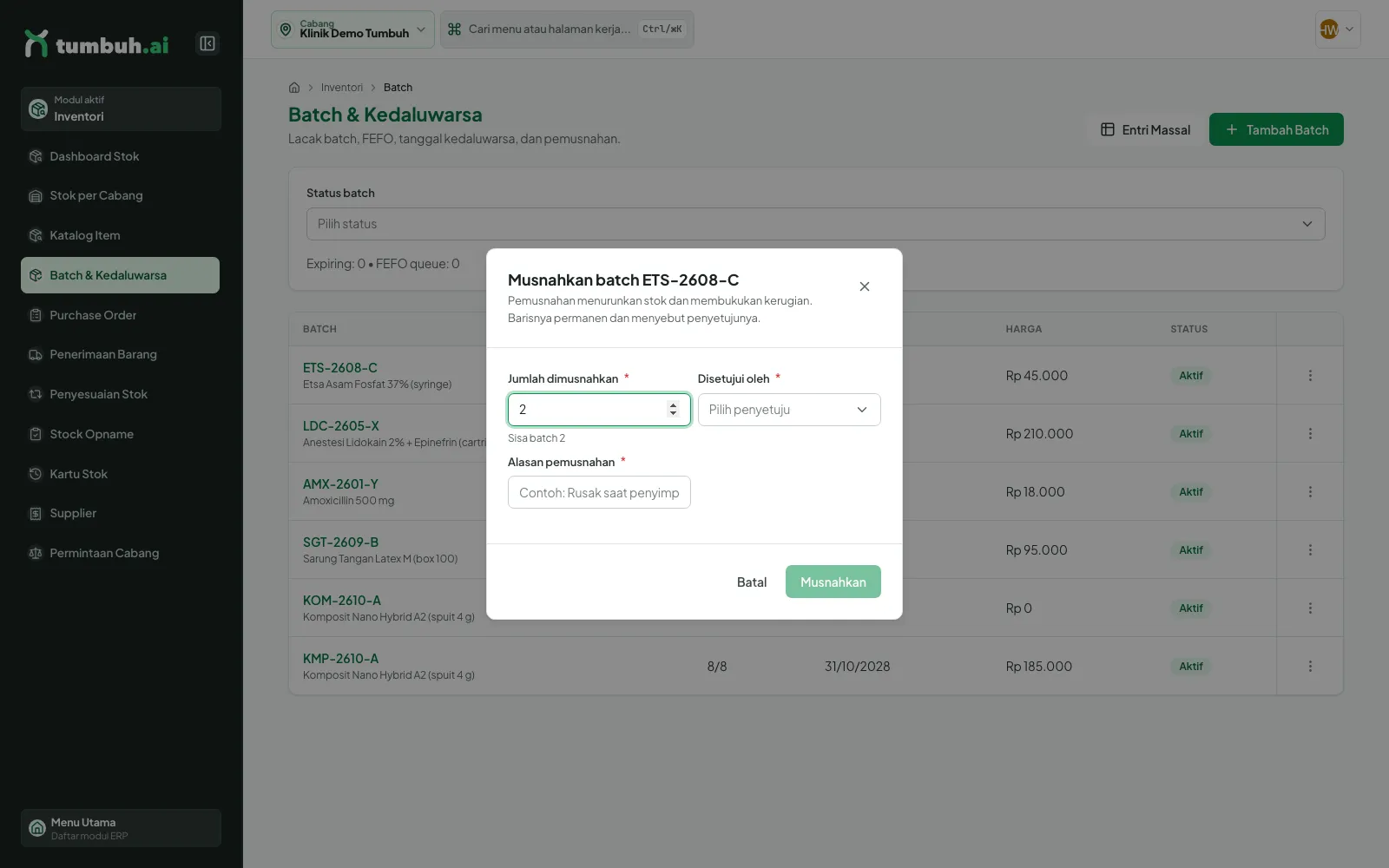 Dialog Musnahkan batch ETS-2608-C dengan jumlah, penyetuju, dan alasan