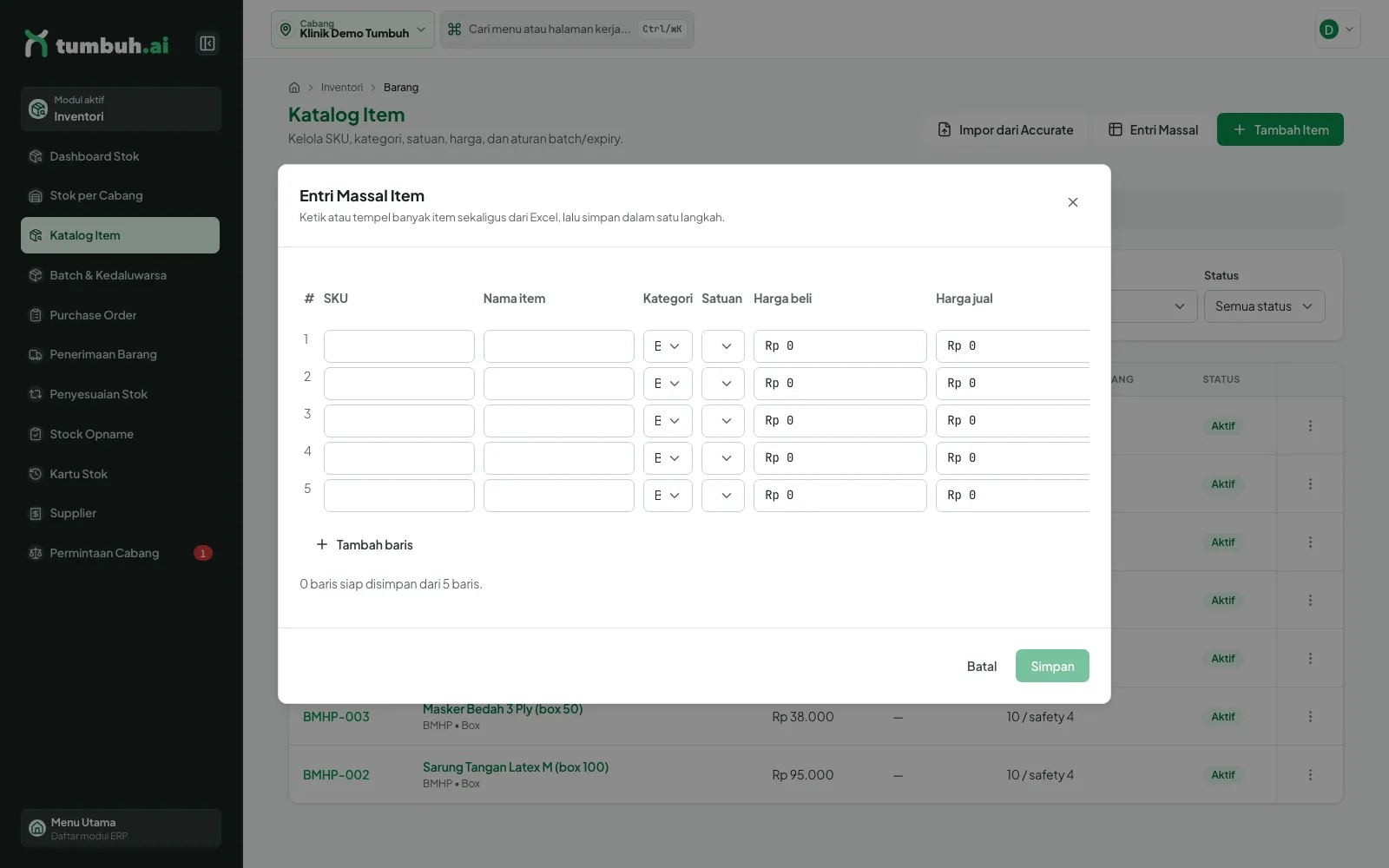Dialog Entri Massal Item berupa tabel isian