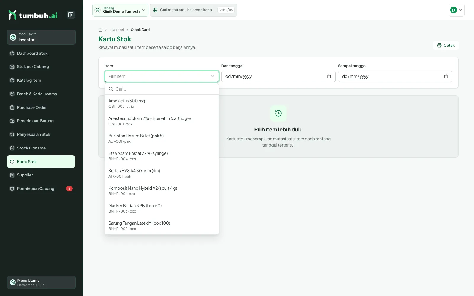 Pilihan item pada Kartu Stok