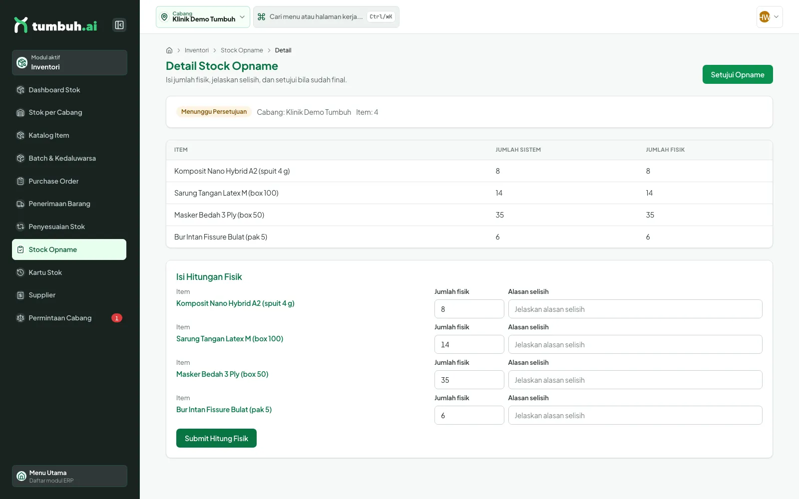Detail opname berstatus Menunggu Persetujuan dengan tombol Setujui Opname