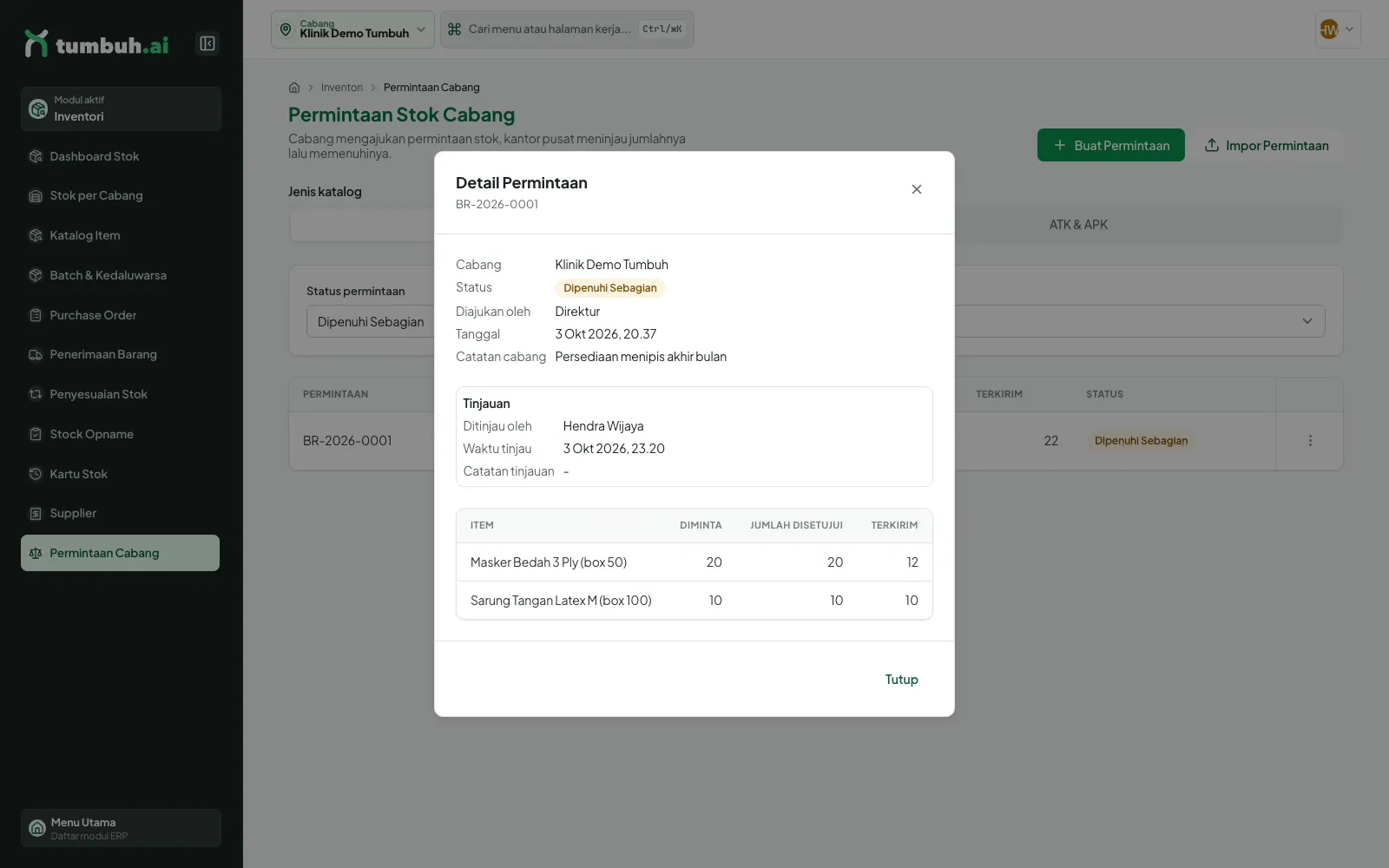 Detail permintaan memuat penginjau Hendra Wijaya dan jumlah terkirim per item