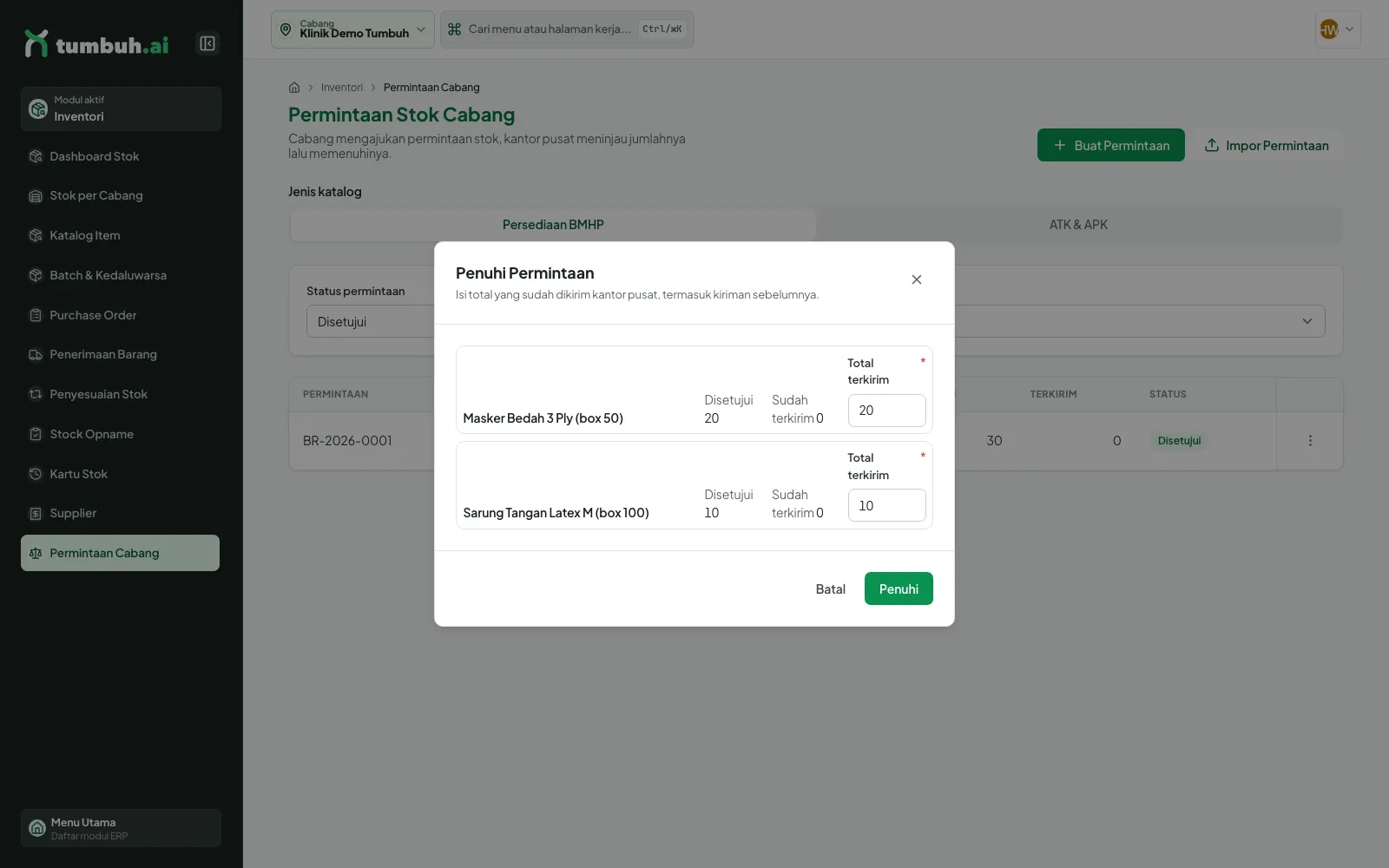 Dialog Penuhi Permintaan dengan kolom Total terkirim