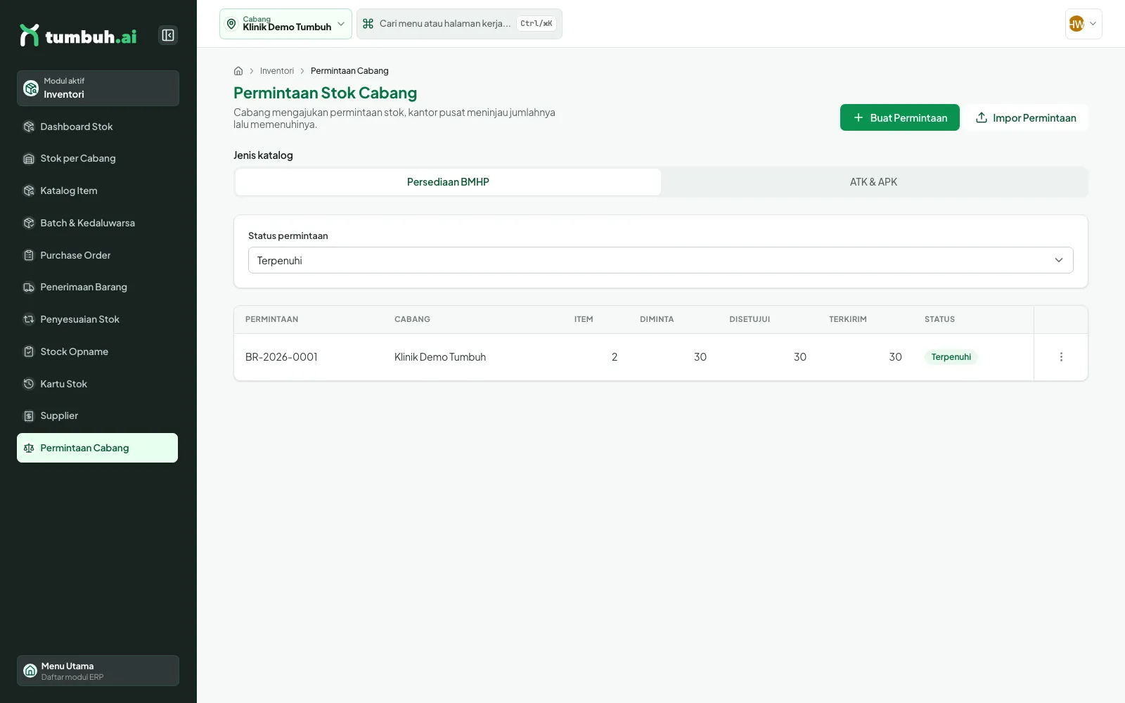 Permintaan BR-2026-0001 berstatus Terpenuhi, terkirim 30 dari 30