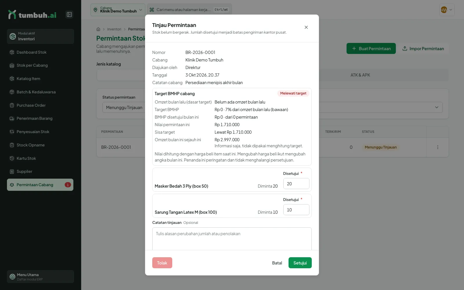 Dialog Tinjau Permintaan dengan panel Target BMHP cabang