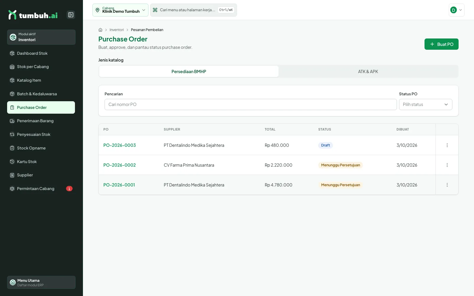Daftar purchase order dengan status Draft dan Menunggu Persetujuan