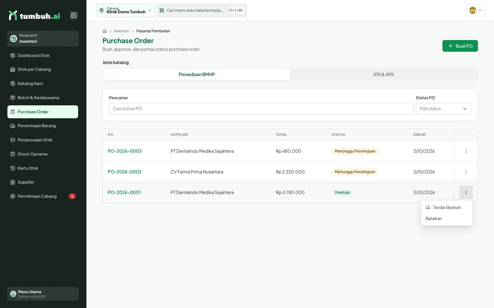 PO berstatus Disetujui dengan menu Tandai dipesan