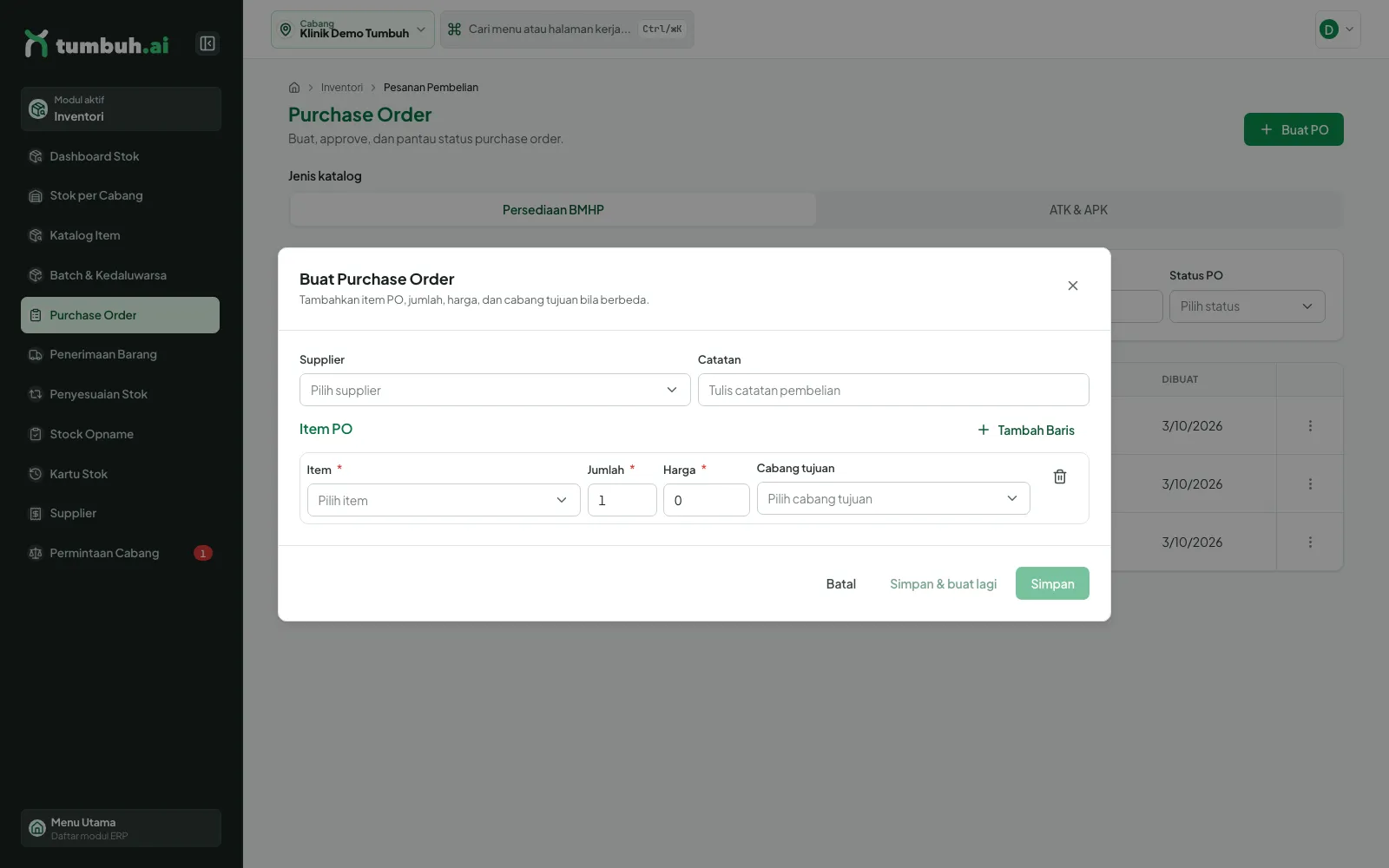 Dialog Buat Purchase Order