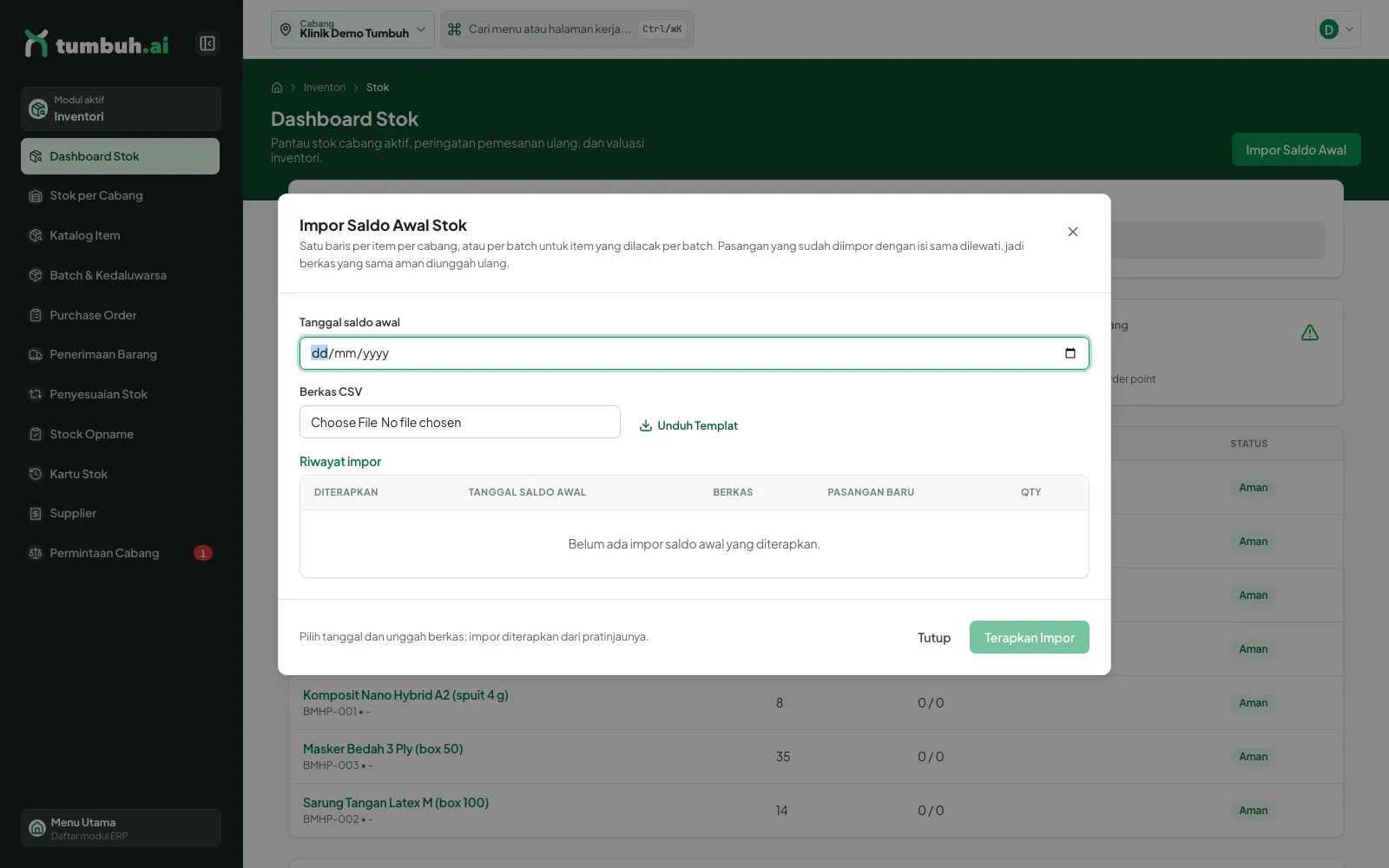 Dialog Impor Saldo Awal Stok
