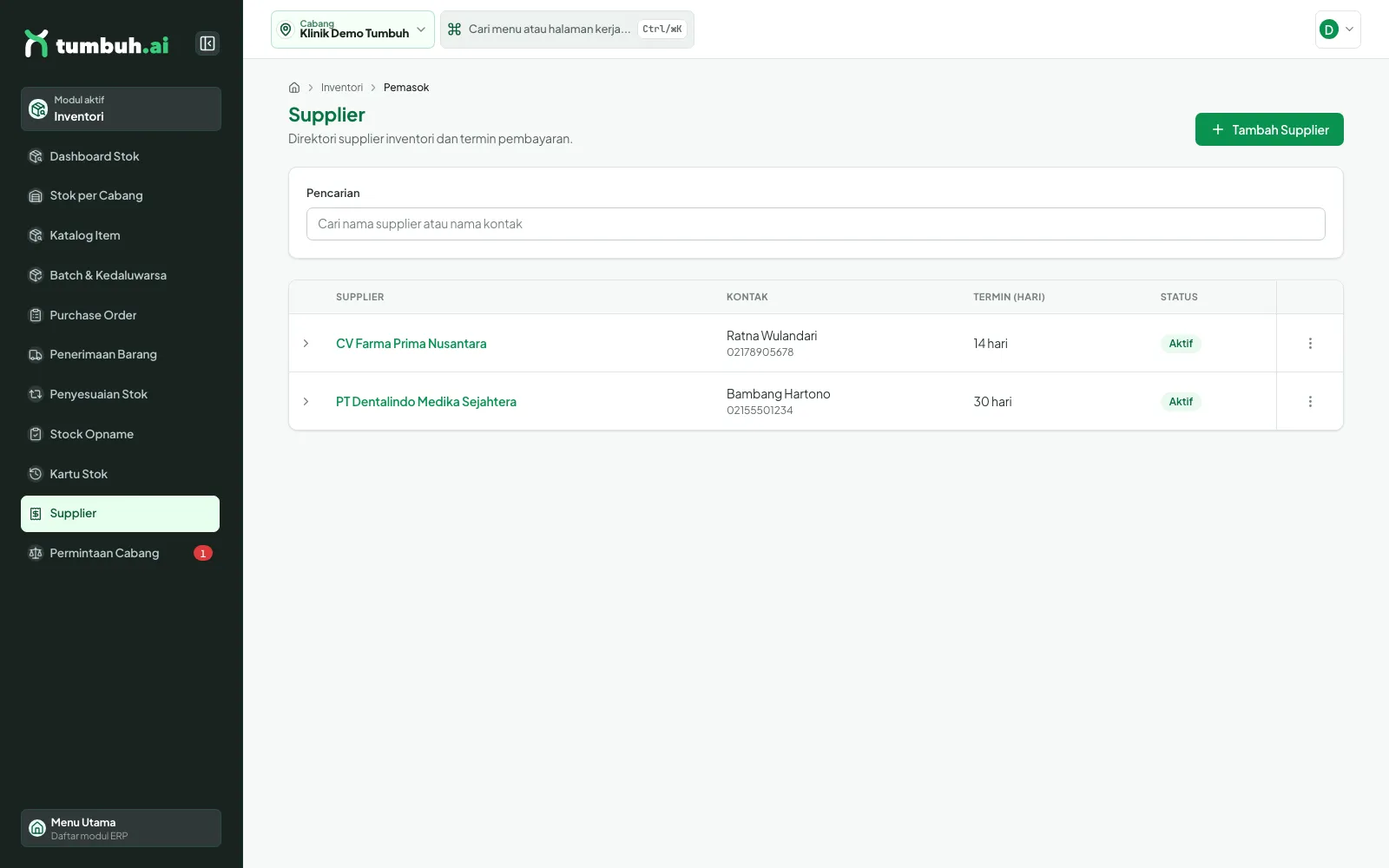 Daftar supplier dengan dua pemasok demo