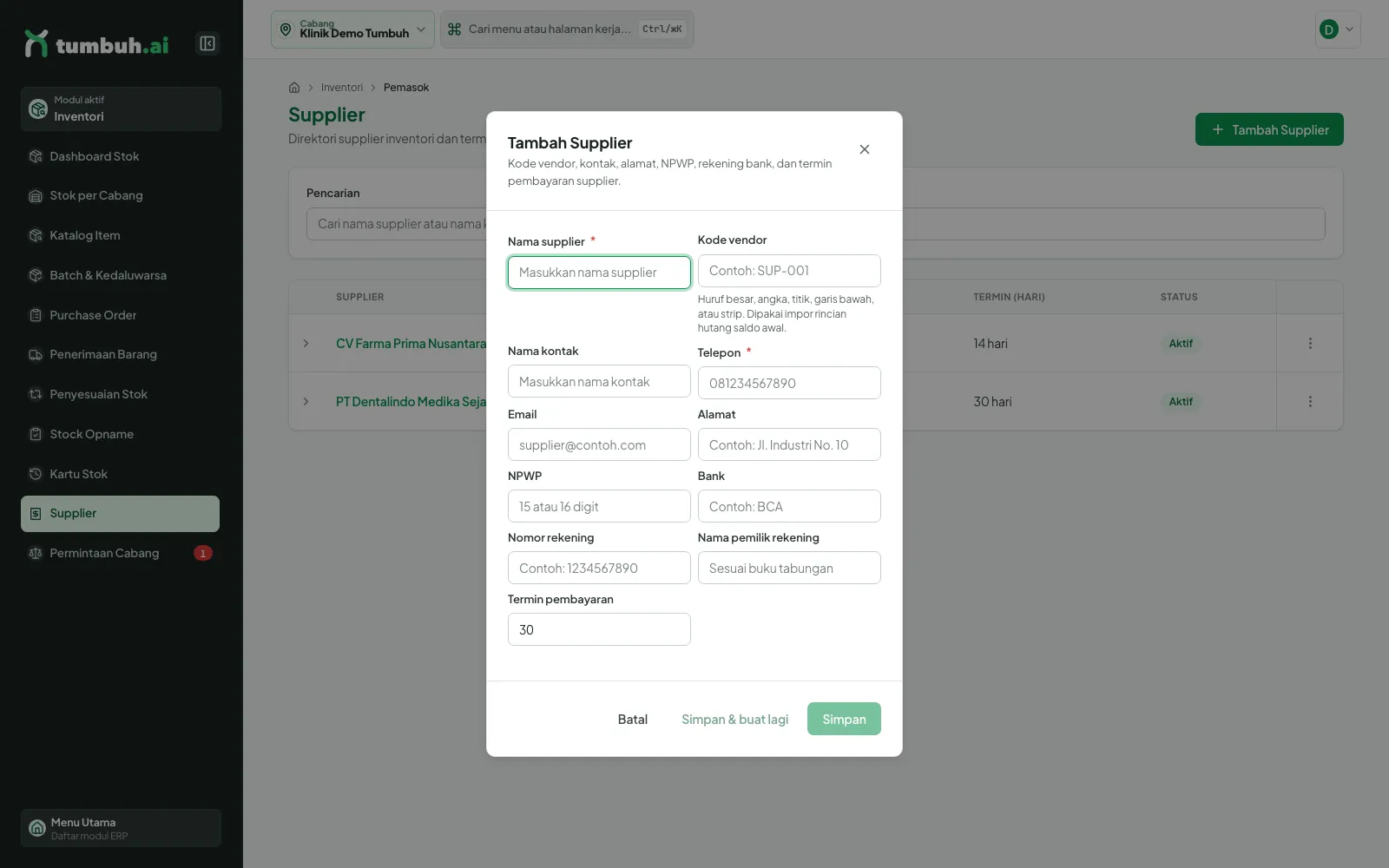 Formulir Tambah Supplier