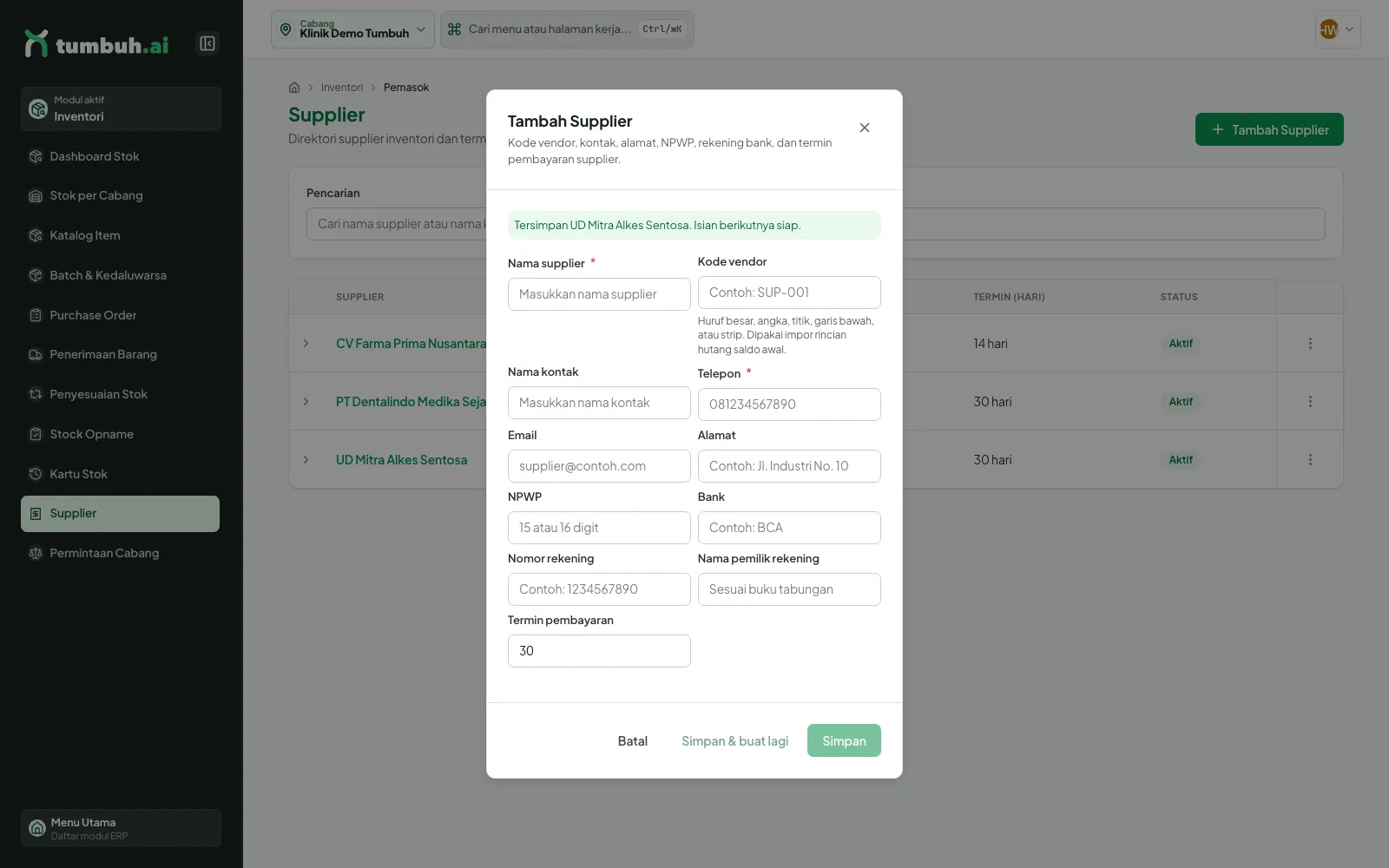 Dialog Tambah Supplier menampilkan pesan Tersimpan UD Mitra Alkes Sentosa