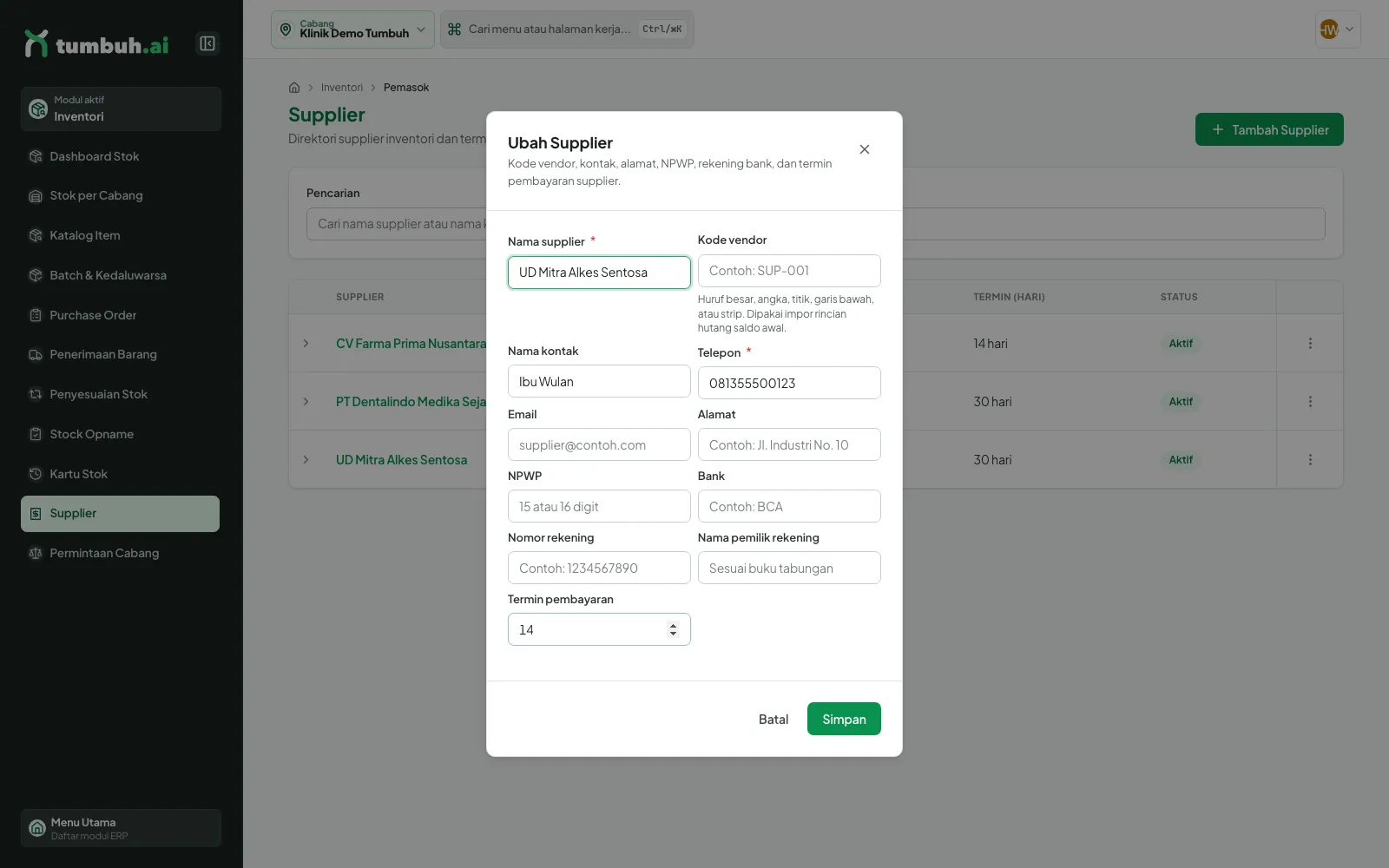 Dialog Ubah Supplier dengan termin pembayaran 14