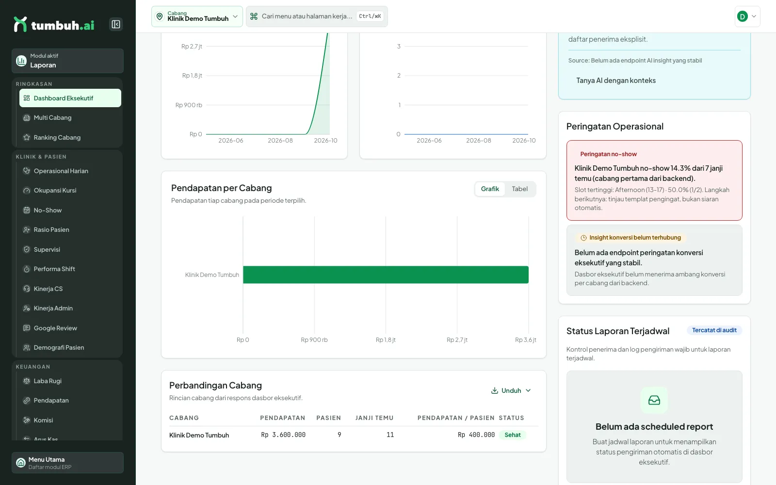 Bagian bawah dashboard: pendapatan per cabang, perbandingan cabang, peringatan operasional