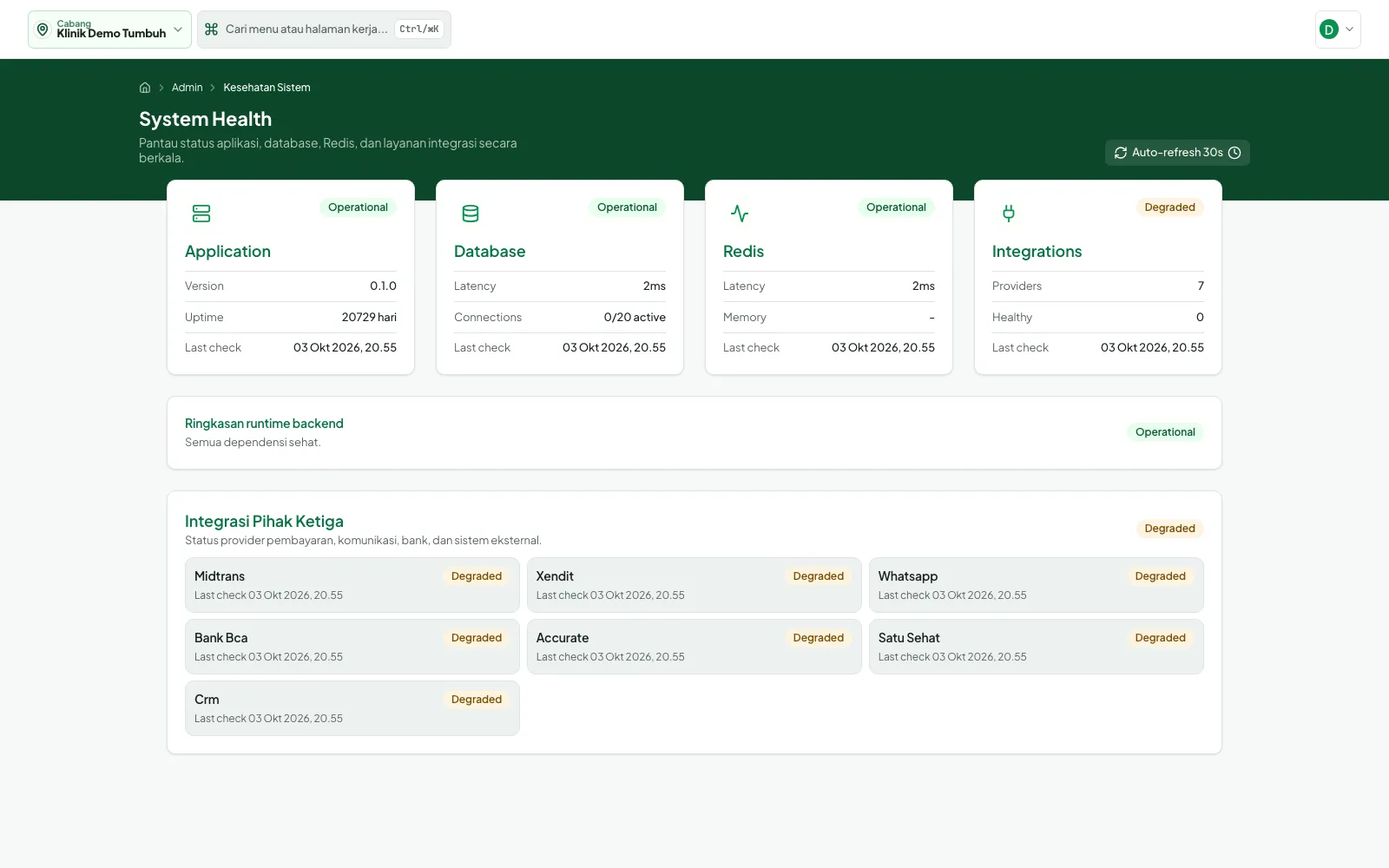 Halaman System Health dengan kartu Application, Database, Redis, Integrations
