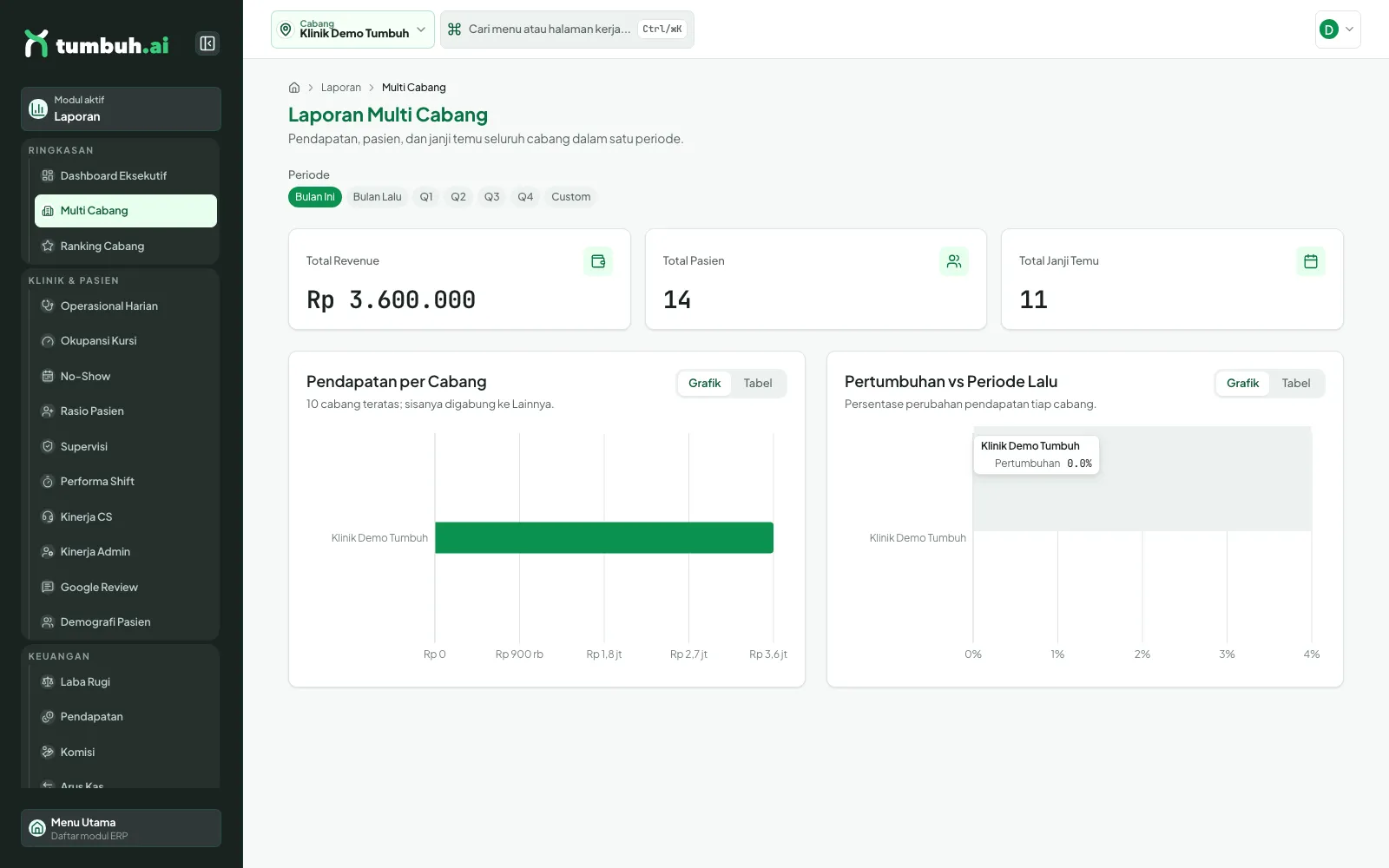Laporan Multi Cabang dengan total revenue, pasien, janji temu dan grafik per cabang