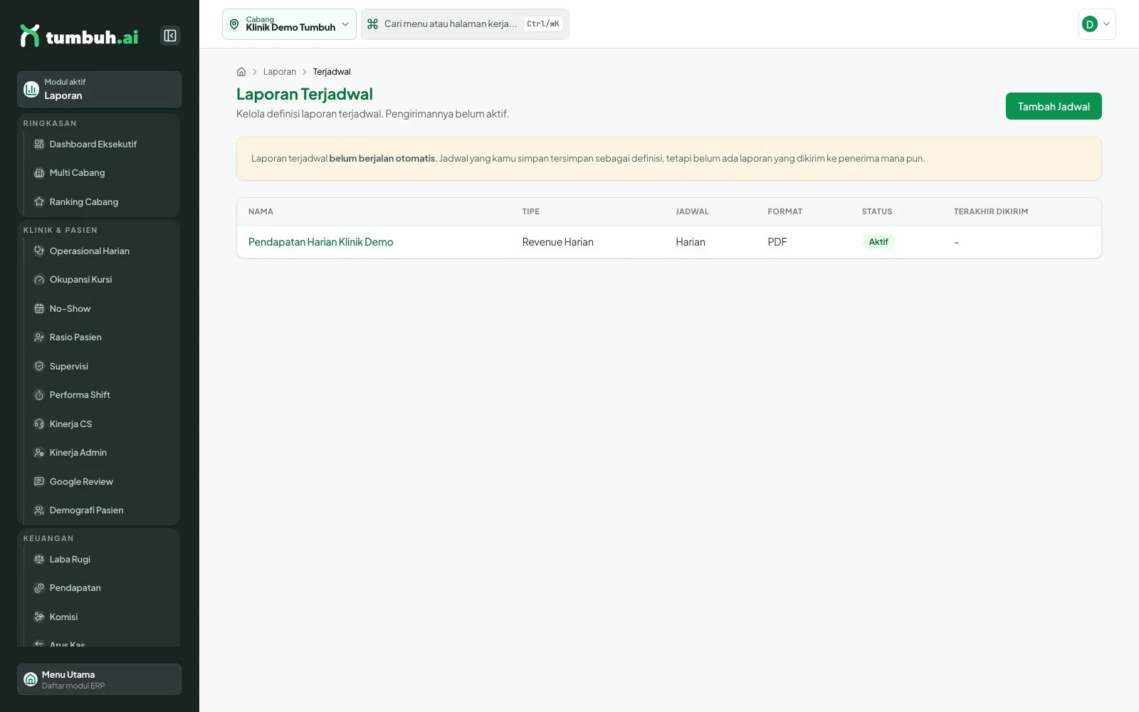 Daftar Laporan Terjadwal berisi jadwal Pendapatan Harian Klinik Demo dengan status Aktif