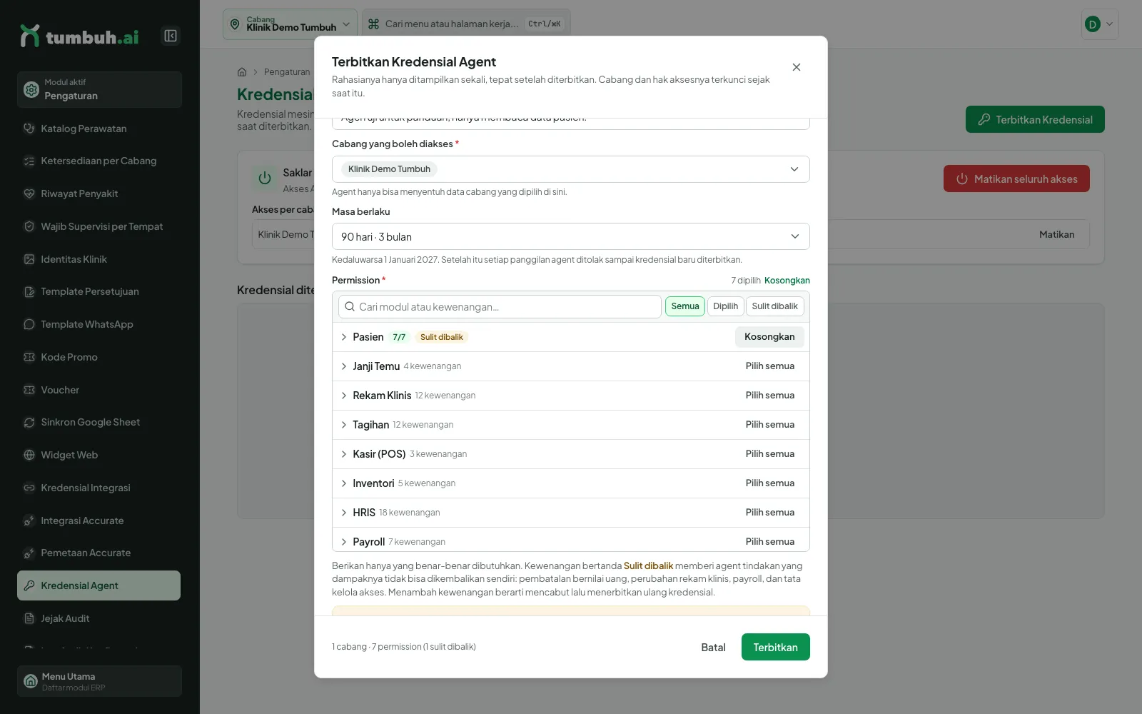 Dialog Terbitkan Kredensial Agent terisi dengan cabang, masa berlaku, dan permission Pasien
