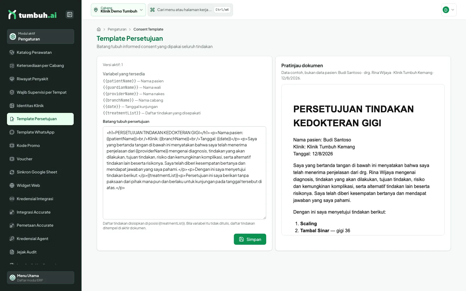 Halaman Template Persetujuan dengan pratinjau dokumen