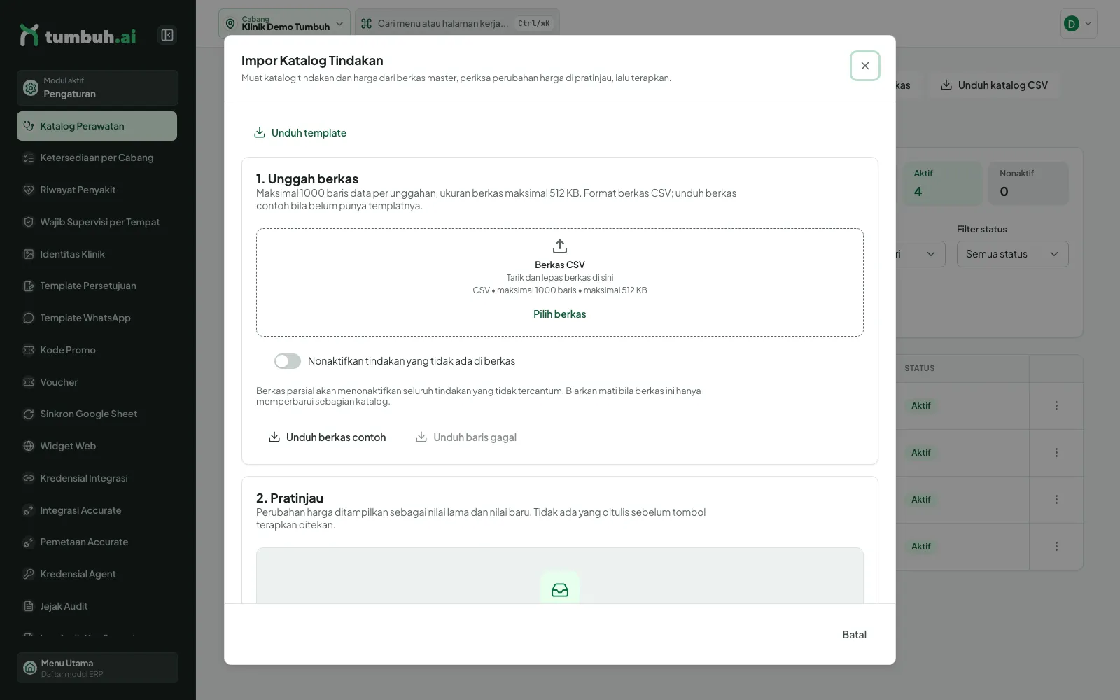 Dialog Impor Katalog Tindakan dengan area unggah CSV
