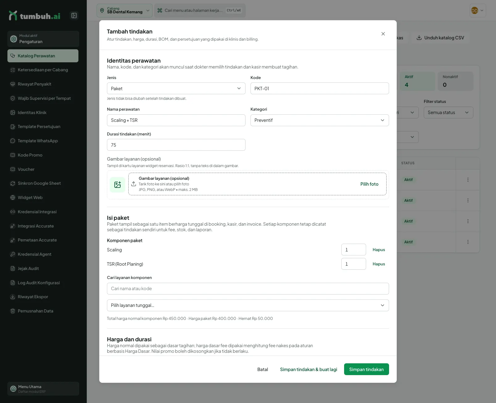 Dialog Tambah tindakan dengan Jenis Paket, dua komponen, dan ringkasan harga