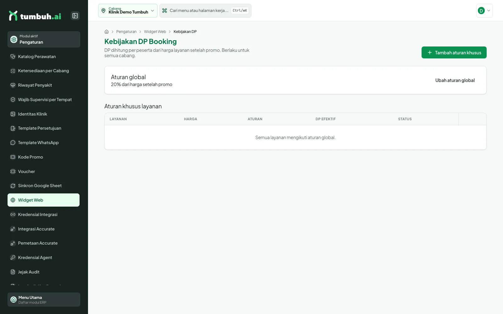 Halaman Kebijakan DP Booking dengan aturan global 20 persen