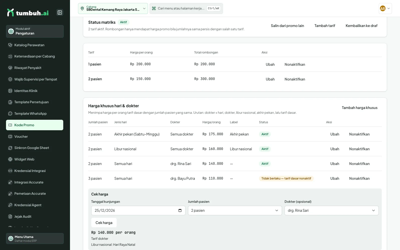 Kartu Cek harga menampilkan harga, aturan, dan nama libur