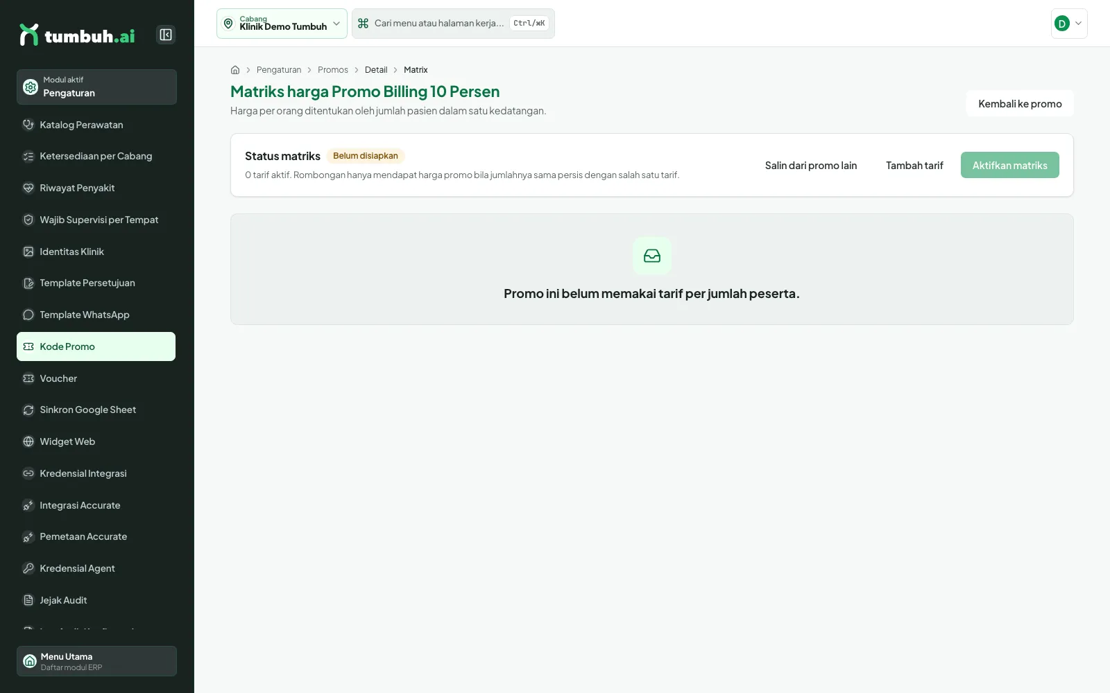 Halaman Matriks harga promo dengan status Belum disiapkan