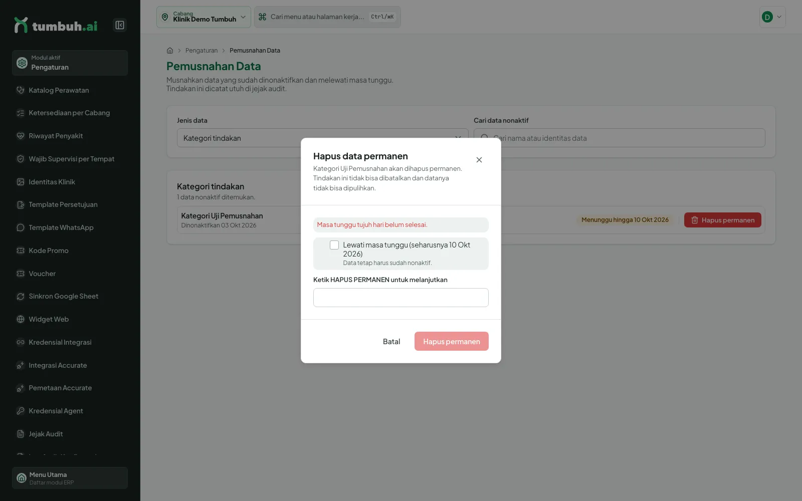 Dialog hapus permanen dengan pesan masa tunggu tujuh hari belum selesai
