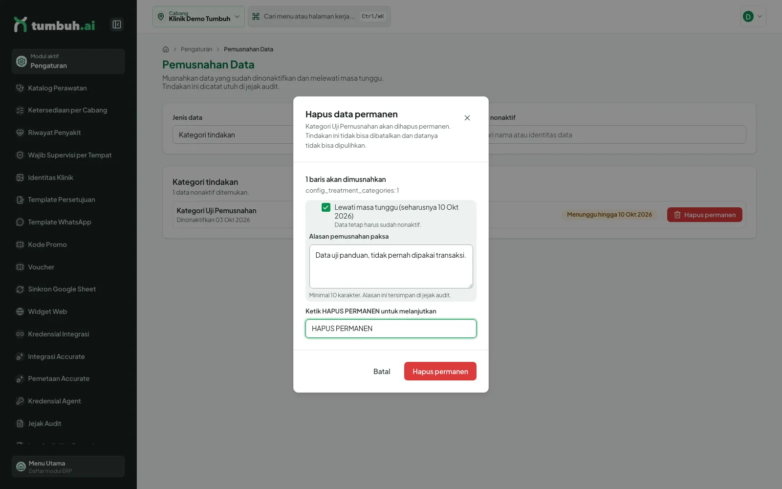 Dialog hapus permanen dengan opsi lewati masa tunggu, alasan, dan kata konfirmasi terisi