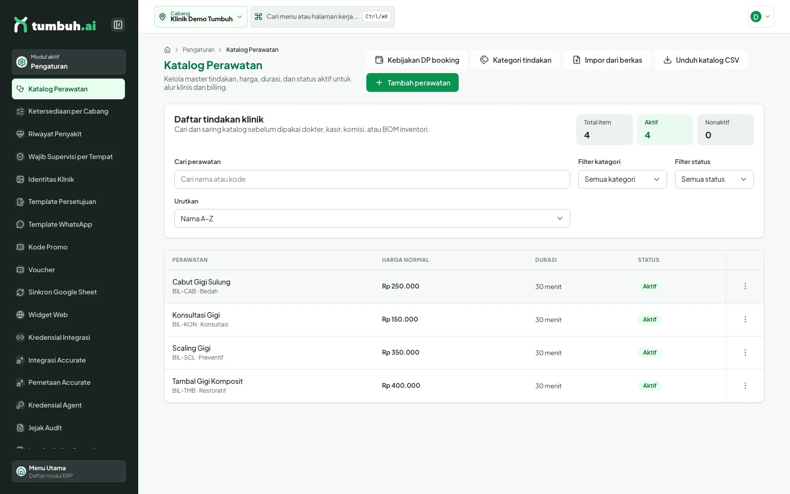Daftar katalog perawatan dengan empat tindakan demo
