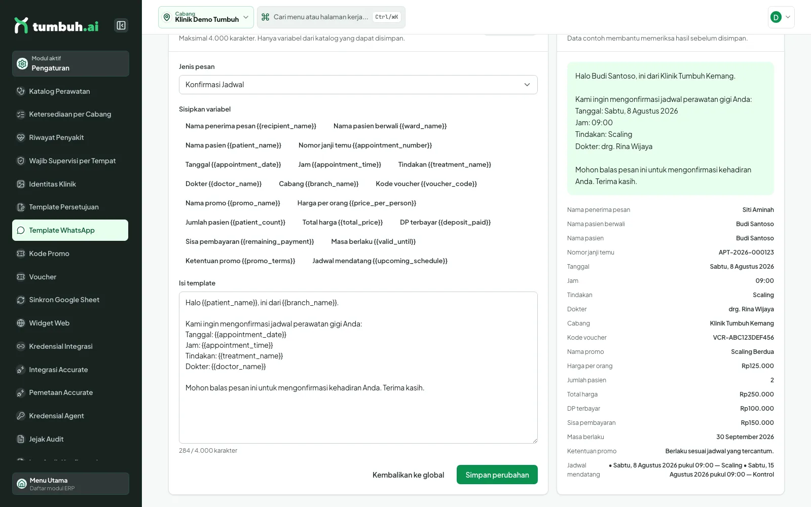 Editor template WhatsApp dengan pratinjau pesan