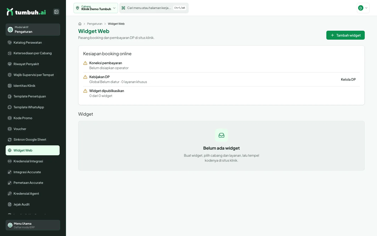 Halaman Widget Web dengan kartu Kesiapan booking online